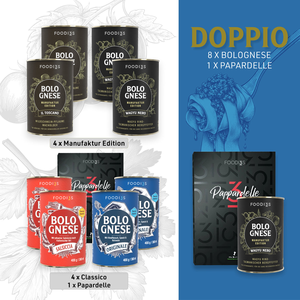 Coffret découverte Doppio : huit boîtes de Bolognese, quatre Manufaktur Edition et quatre Classico, avec des Pappardelle