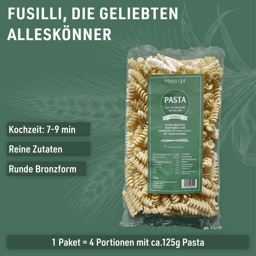 Paquet de Fusilli : Fabriquées de manière traditionnelle et artisanale dans les Abruzzes. Cuisson 7 à 9 minutes