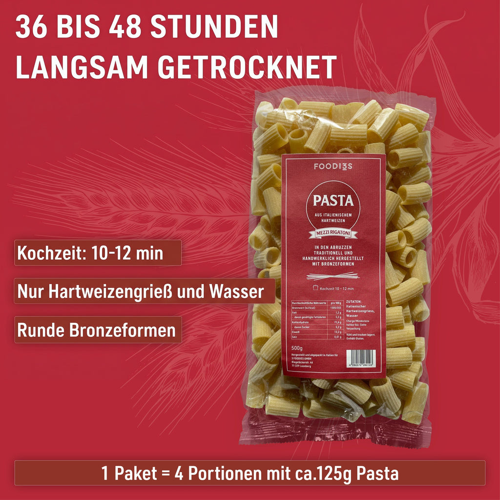 Paquet de Mezzi Rigatoni : Séchées lentement pendant 36 à 48 heures. Cuisson 10 à 12 minutes