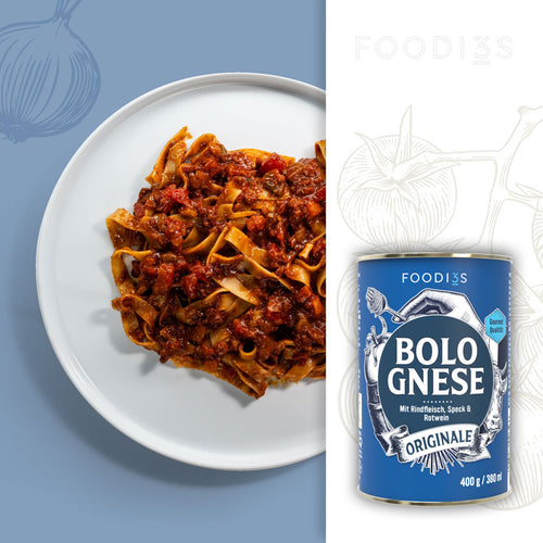 Bolognese Originale : assiette de larges pâtes en ruban avec de la Bolognese, la boîte bleue à côté